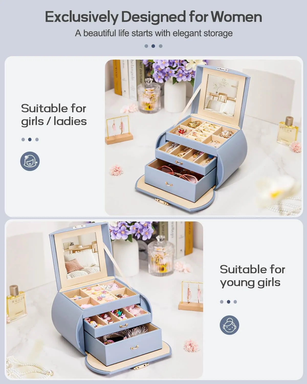 Homde Girls Jewelry Box Jewelry Storage Case Organizer Faux Leather with Mirror for Rings, Earrings, Bracelets, Necklaces (Grey Blue)