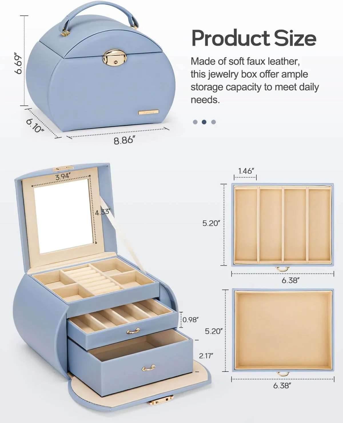 Homde Girls Jewelry Box Jewelry Storage Case Organizer Faux Leather with Mirror for Rings, Earrings, Bracelets, Necklaces (Grey Blue)