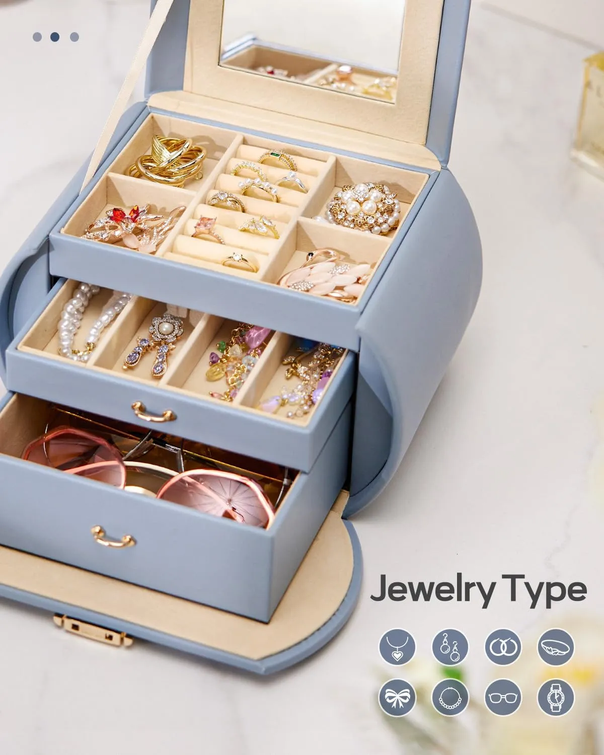Homde Girls Jewelry Box Jewelry Storage Case Organizer Faux Leather with Mirror for Rings, Earrings, Bracelets, Necklaces (Grey Blue)
