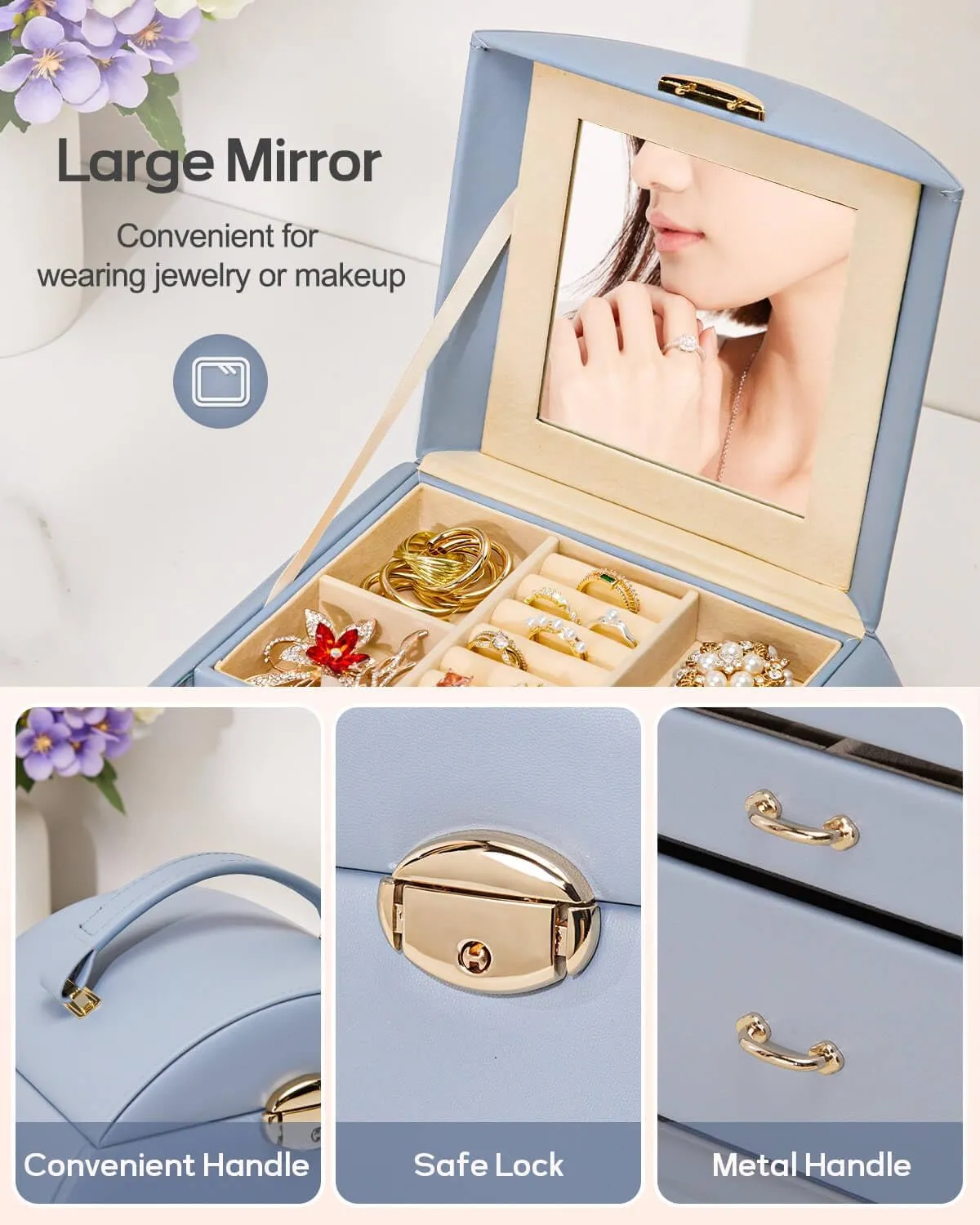 Homde Girls Jewelry Box Jewelry Storage Case Organizer Faux Leather with Mirror for Rings, Earrings, Bracelets, Necklaces (Grey Blue)