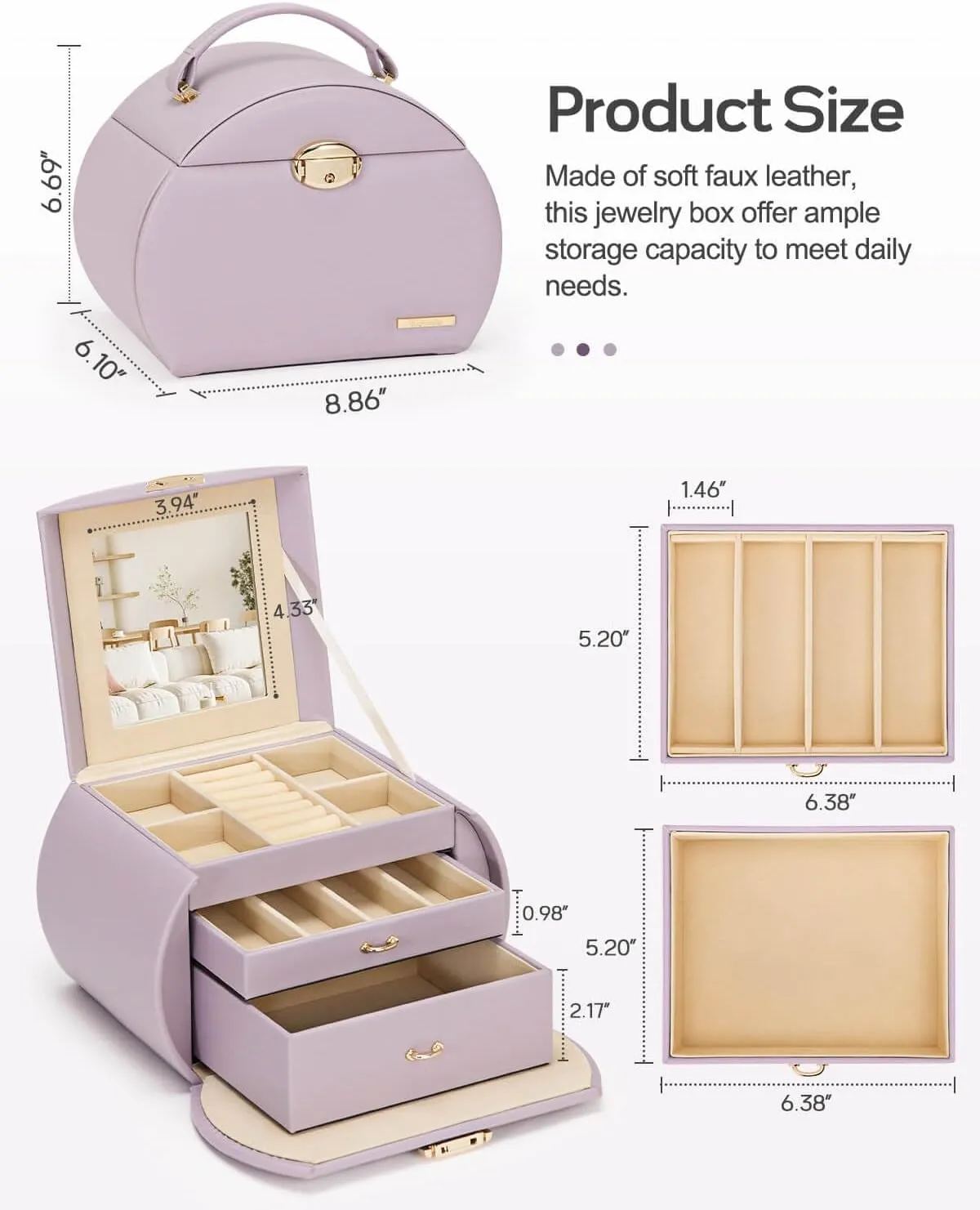 Homde Girls Jewelry Box Jewelry Storage Case Organizer Faux Leather with Mirror for Rings, Earrings, Bracelets, Necklaces (Grey Purple)
