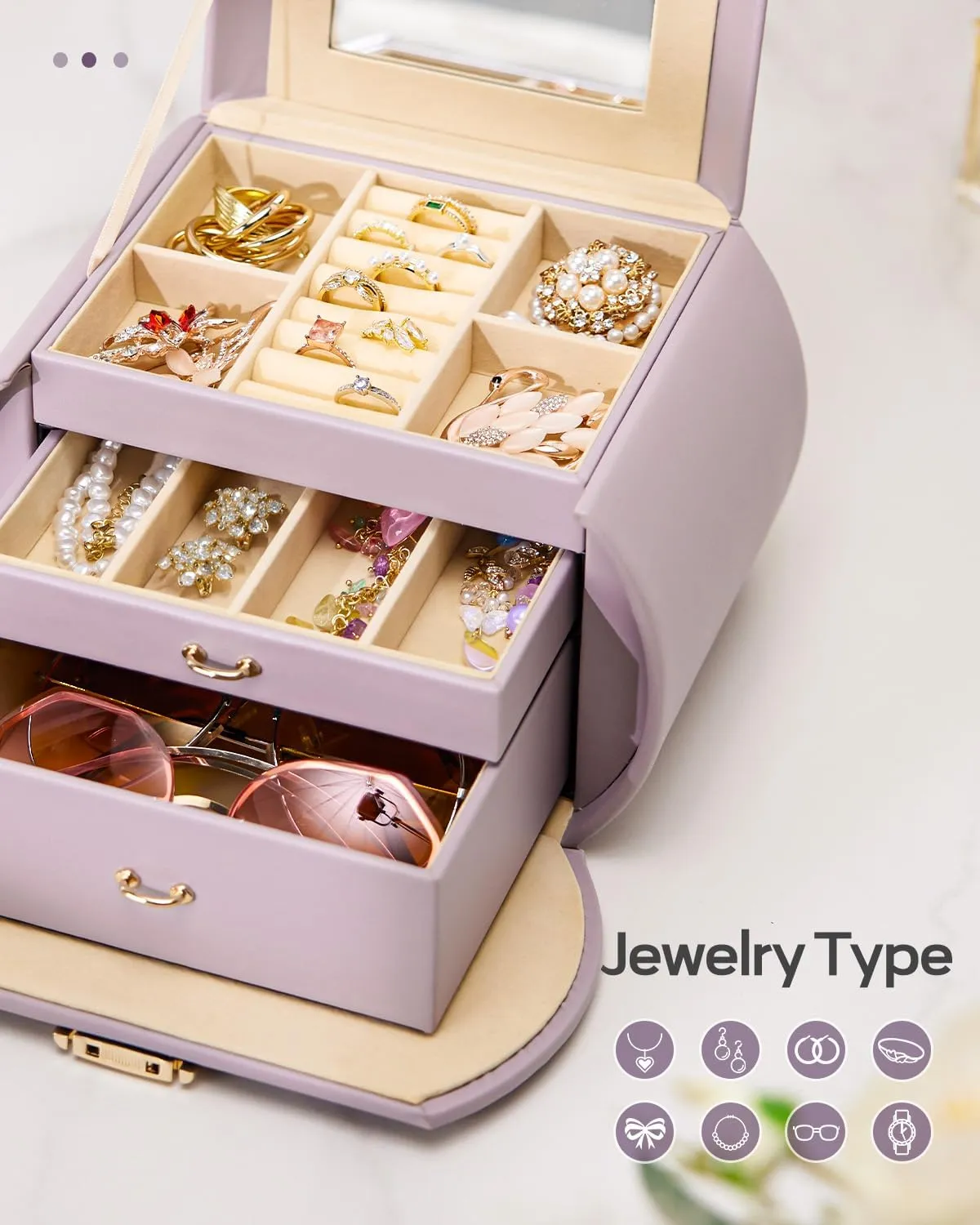 Homde Girls Jewelry Box Jewelry Storage Case Organizer Faux Leather with Mirror for Rings, Earrings, Bracelets, Necklaces (Grey Purple)