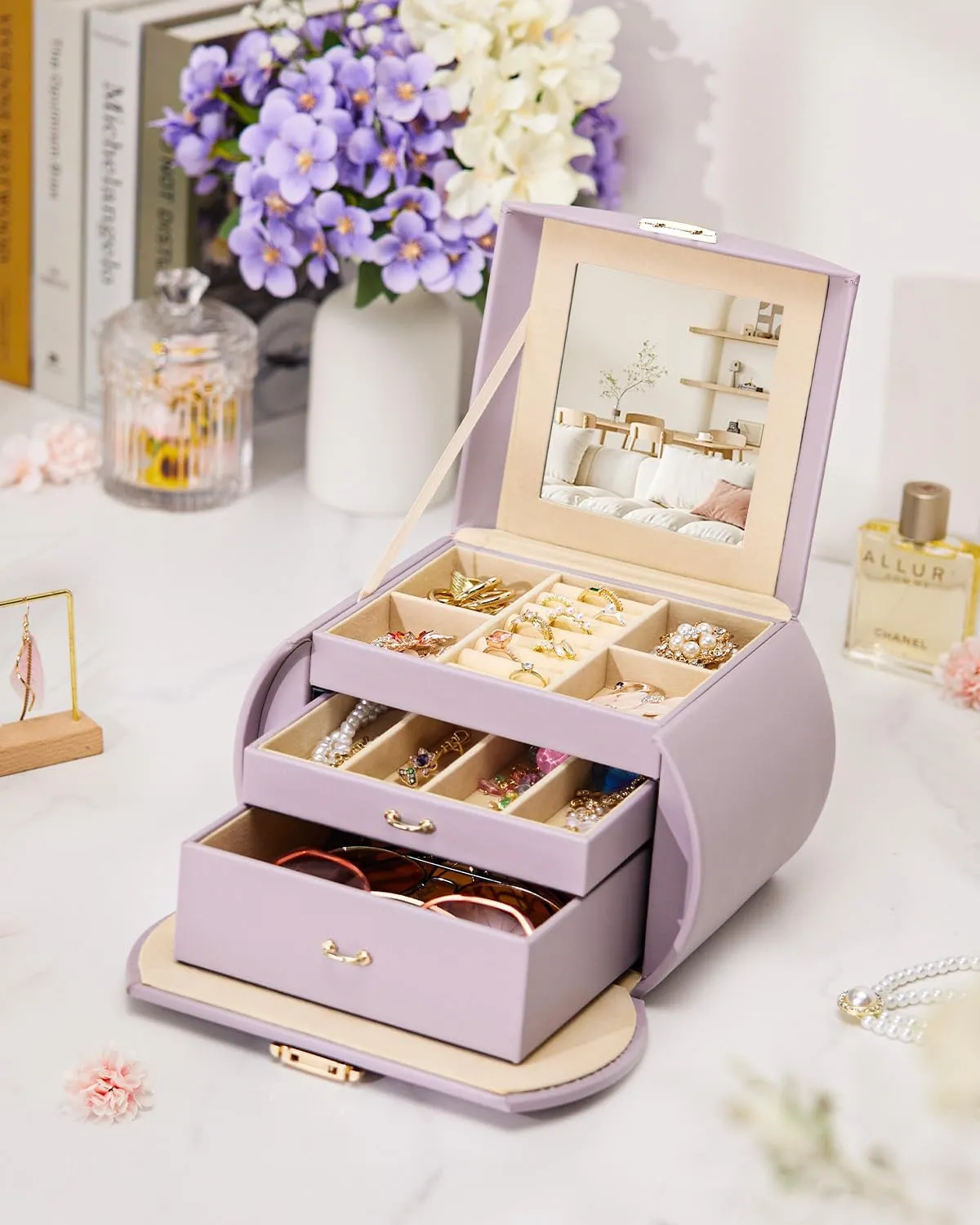 Homde Girls Jewelry Box Jewelry Storage Case Organizer Faux Leather with Mirror for Rings, Earrings, Bracelets, Necklaces (Grey Purple)