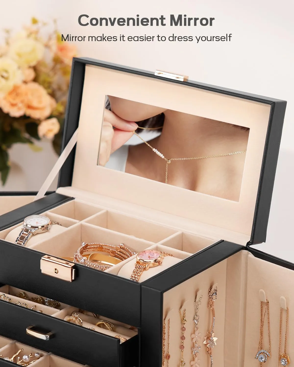 Homde Synthetic Leather Huge Jewelry Box Mirrored Watch Organizer Necklace Ring Earring Storage Lockable Gift Case (Black   Gold)