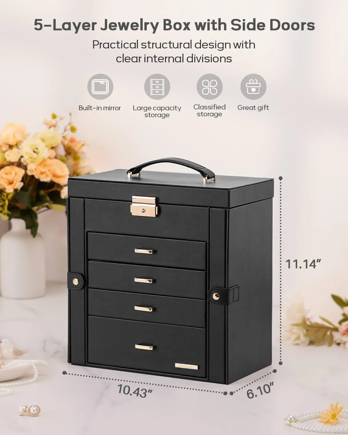 Homde Synthetic Leather Huge Jewelry Box Mirrored Watch Organizer Necklace Ring Earring Storage Lockable Gift Case (Black   Gold)