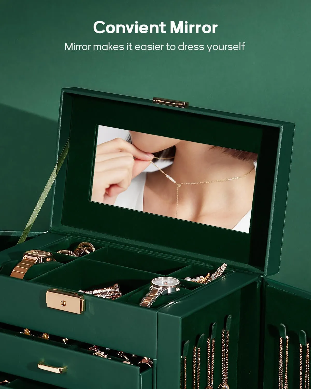 Homde Synthetic Leather Huge Jewelry Box Mirrored Watch Organizer Necklace Ring Earring Storage Lockable Gift Case (Forest Green   Gold)