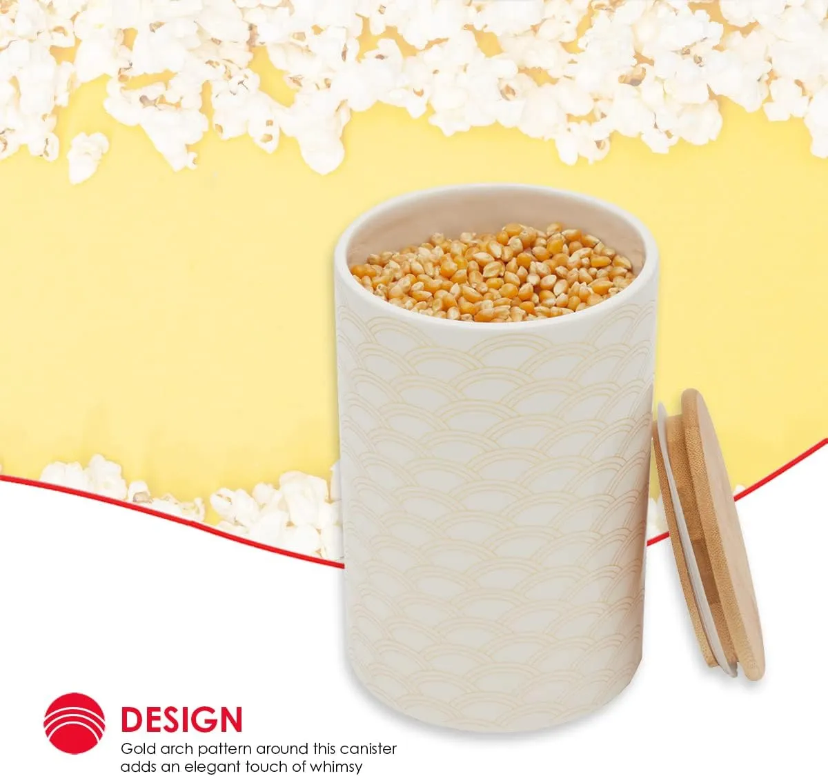 Home Basics Large Scallop Design Kitchen Canister (White/Gold) Modern Canister Sets For Kitchen Counter | With Bamboo Lid | Perfect For Storing Dry Food, Snacks, and More