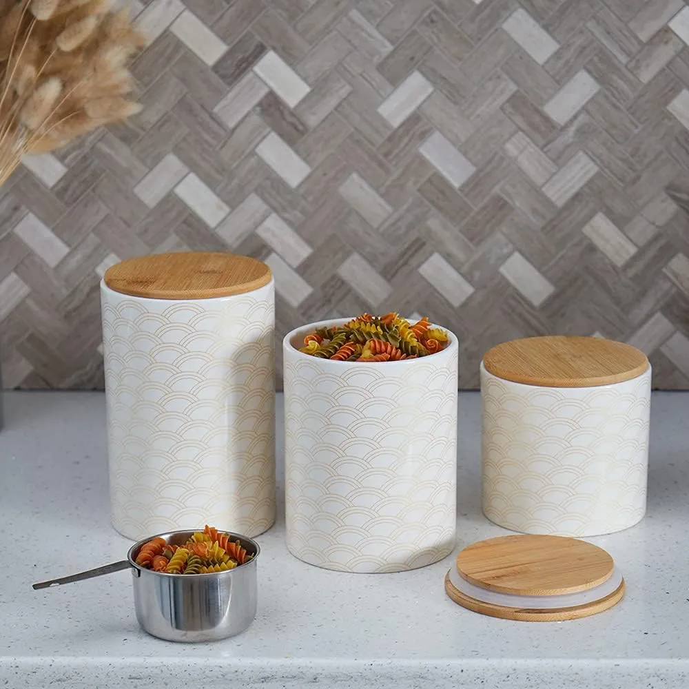 Home Basics Large Scallop Design Kitchen Canister (White/Gold) Modern Canister Sets For Kitchen Counter | With Bamboo Lid | Perfect For Storing Dry Food, Snacks, and More
