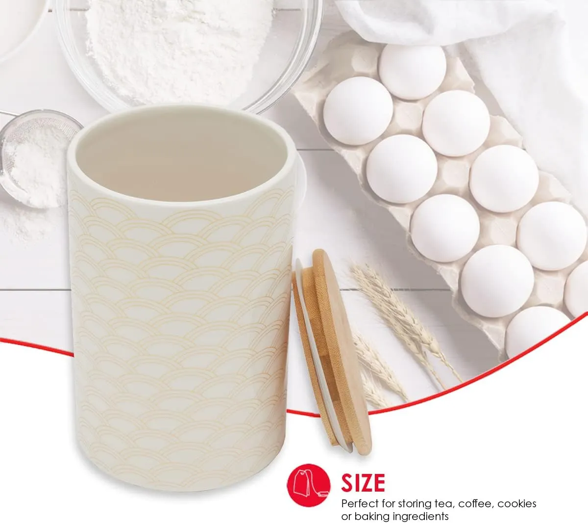 Home Basics Large Scallop Design Kitchen Canister (White/Gold) Modern Canister Sets For Kitchen Counter | With Bamboo Lid | Perfect For Storing Dry Food, Snacks, and More