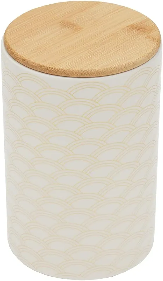 Home Basics Large Scallop Design Kitchen Canister (White/Gold) Modern Canister Sets For Kitchen Counter | With Bamboo Lid | Perfect For Storing Dry Food, Snacks, and More