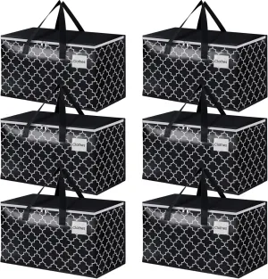 HomeHacks Heavy Duty Moving Bags with Tag Pockets, Collapsible Storage Totes for Moving, Camping & Travel -Foldable Packing Boxes, Zipper Handles, Black（6 Packs, 88L）