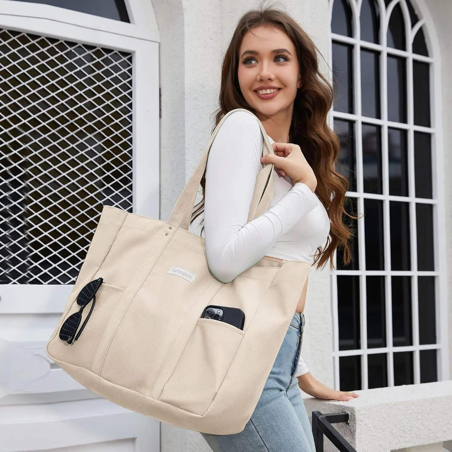 HOMESPON Large Canvas Tote Bag for Women Everything Bag with Pockets and Laptop Sleeve