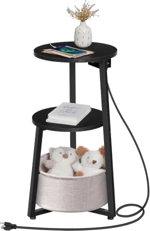 HOOBRO Small Round Side Table with Charging Station, Round End Accent Table with Fabric Storage Basket, Compact Circle Nightstand for Small Space in Living Room, Bedroom, Black BB169UBZ01