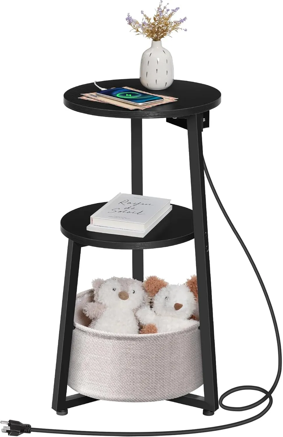 HOOBRO Small Round Side Table with Charging Station, Round End Accent Table with Fabric Storage Basket, Compact Circle Nightstand for Small Space in Living Room, Bedroom, Black BB169UBZ01