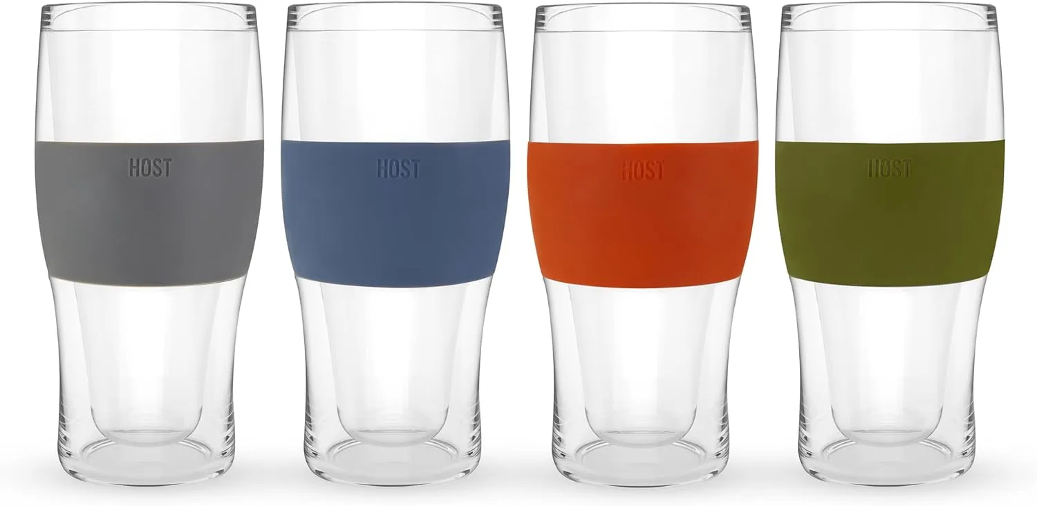 HOST Beer FREEZE Beer Glass Cups Set Drinking Glasses, Freezer Mugs with Gel Double Walled Cool Cups Plastic Multicolor 16oz Set of 4