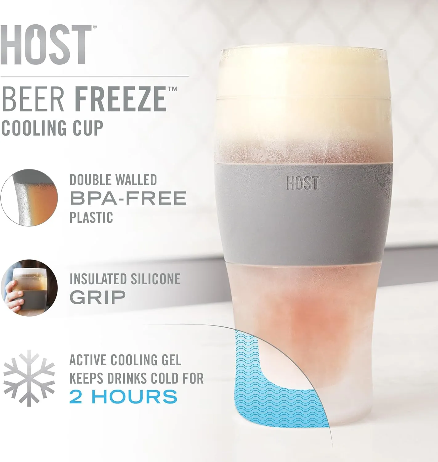 HOST Beer FREEZE Beer Glass Cups Set Drinking Glasses, Freezer Mugs with Gel Double Walled Cool Cups Plastic Multicolor 16oz Set of 4