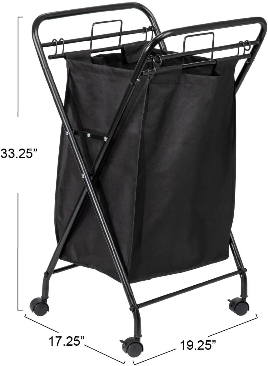 Household Essentials Rolling Laundry Hamper, Heavy Duty Canvas Bag, 2 Load Capacity, Foldable Frame, Black Bag with Velcro Fasteners, Black