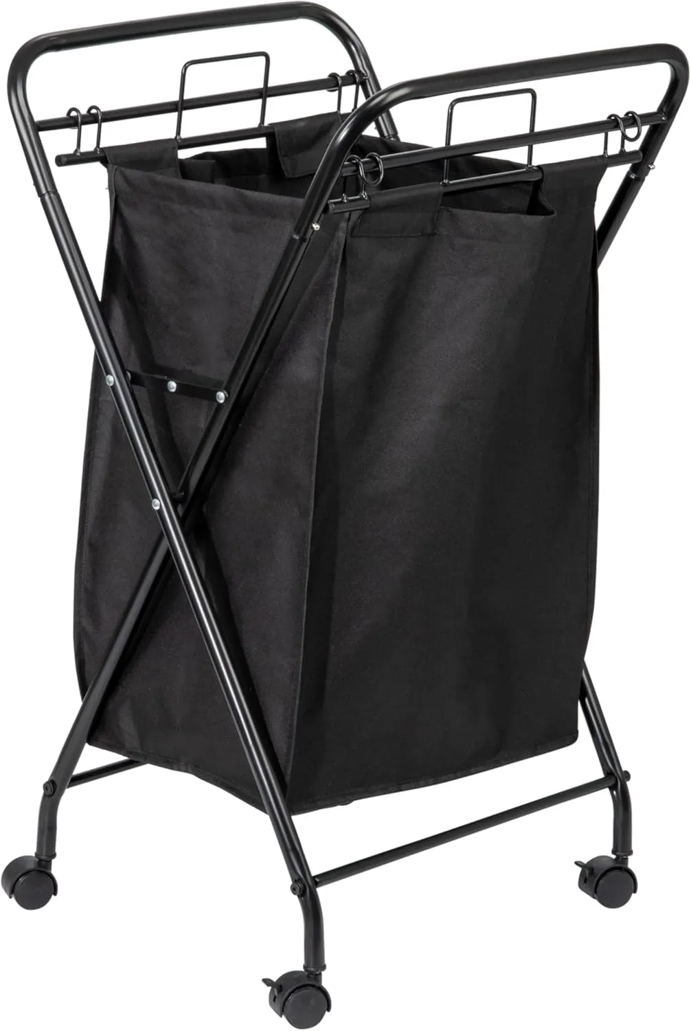 Household Essentials Rolling Laundry Hamper, Heavy Duty Canvas Bag, 2 Load Capacity, Foldable Frame, Black Bag with Velcro Fasteners, Black