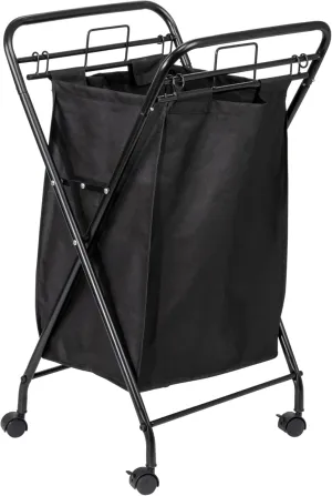 Household Essentials Rolling Laundry Hamper, Heavy Duty Canvas Bag, 2 Load Capacity, Foldable Frame, Black Bag with Velcro Fasteners, Black