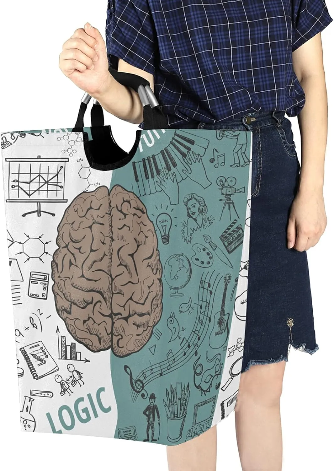 Human Brain Concepts Seamless Pattern on Black Green Background Laundry Hamper Basket Bucket, Foldable Dirty Clothes Bag, Waterproof Fabric Washing Bin, Toy Storage with Handles for Bathroom