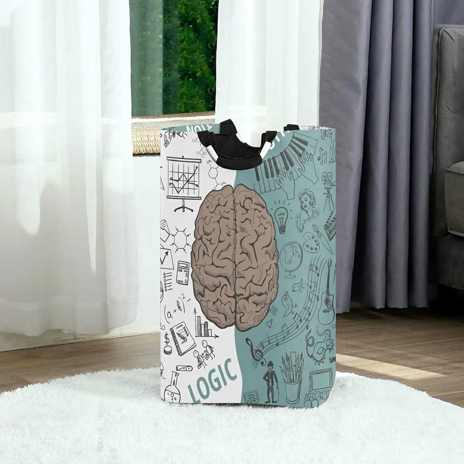 Human Brain Concepts Seamless Pattern on Black Green Background Laundry Hamper Basket Bucket, Foldable Dirty Clothes Bag, Waterproof Fabric Washing Bin, Toy Storage with Handles for Bathroom