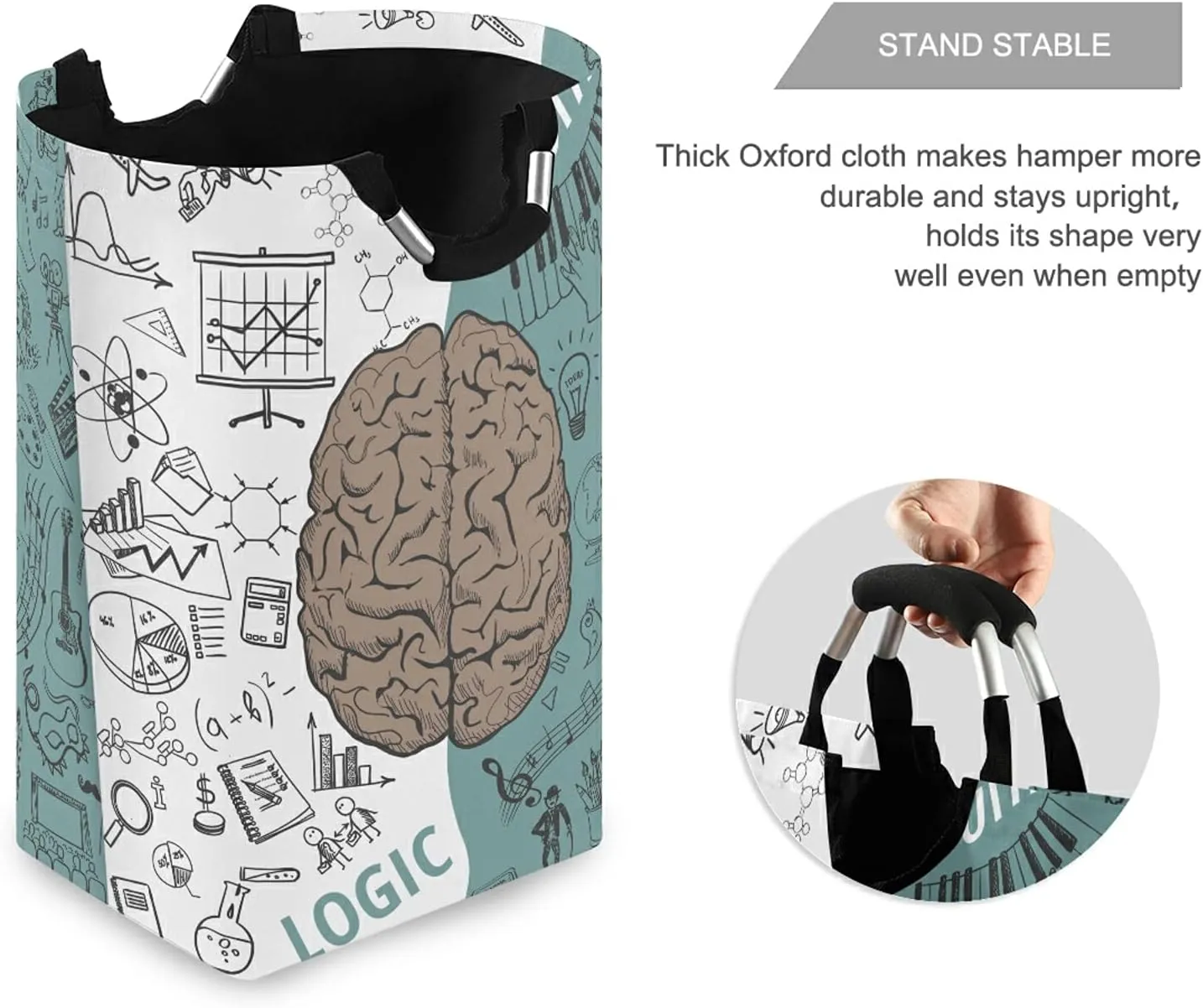 Human Brain Concepts Seamless Pattern on Black Green Background Laundry Hamper Basket Bucket, Foldable Dirty Clothes Bag, Waterproof Fabric Washing Bin, Toy Storage with Handles for Bathroom