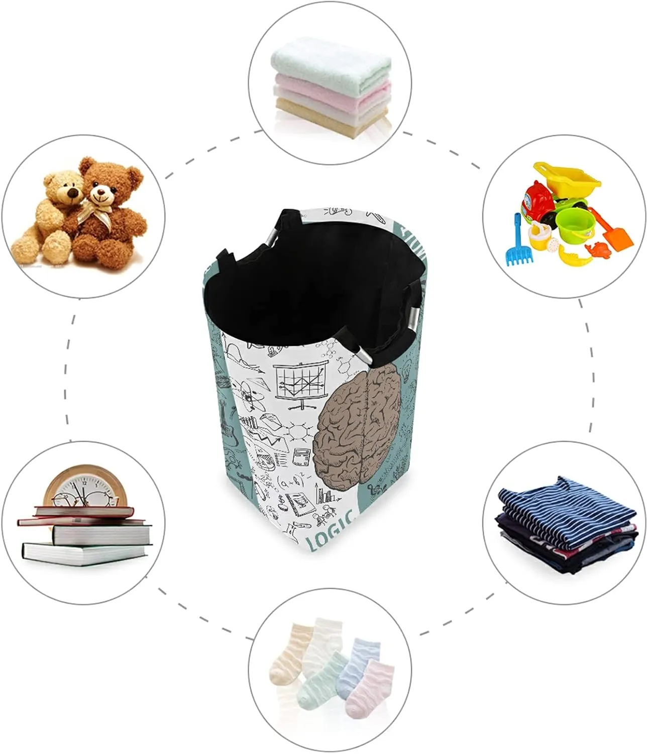 Human Brain Concepts Seamless Pattern on Black Green Background Laundry Hamper Basket Bucket, Foldable Dirty Clothes Bag, Waterproof Fabric Washing Bin, Toy Storage with Handles for Bathroom