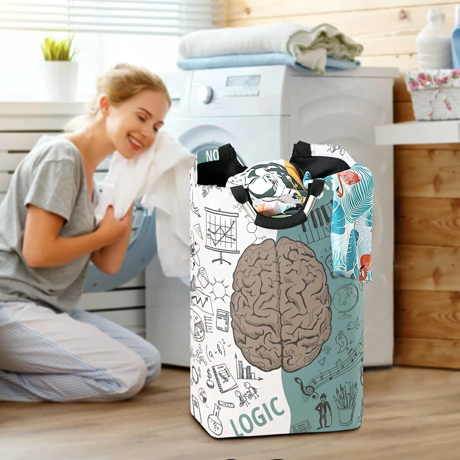 Human Brain Concepts Seamless Pattern on Black Green Background Laundry Hamper Basket Bucket, Foldable Dirty Clothes Bag, Waterproof Fabric Washing Bin, Toy Storage with Handles for Bathroom