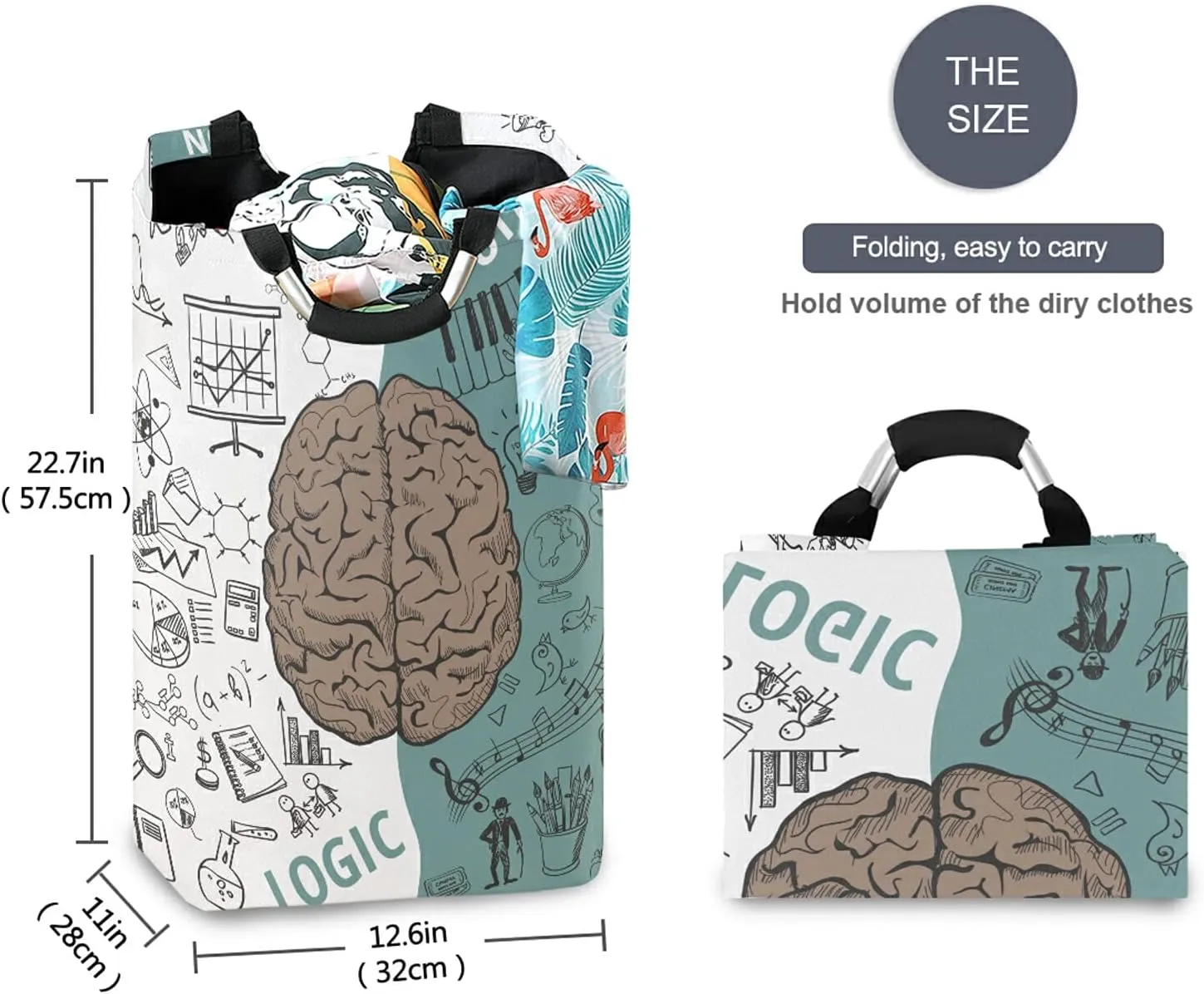 Human Brain Concepts Seamless Pattern on Black Green Background Laundry Hamper Basket Bucket, Foldable Dirty Clothes Bag, Waterproof Fabric Washing Bin, Toy Storage with Handles for Bathroom
