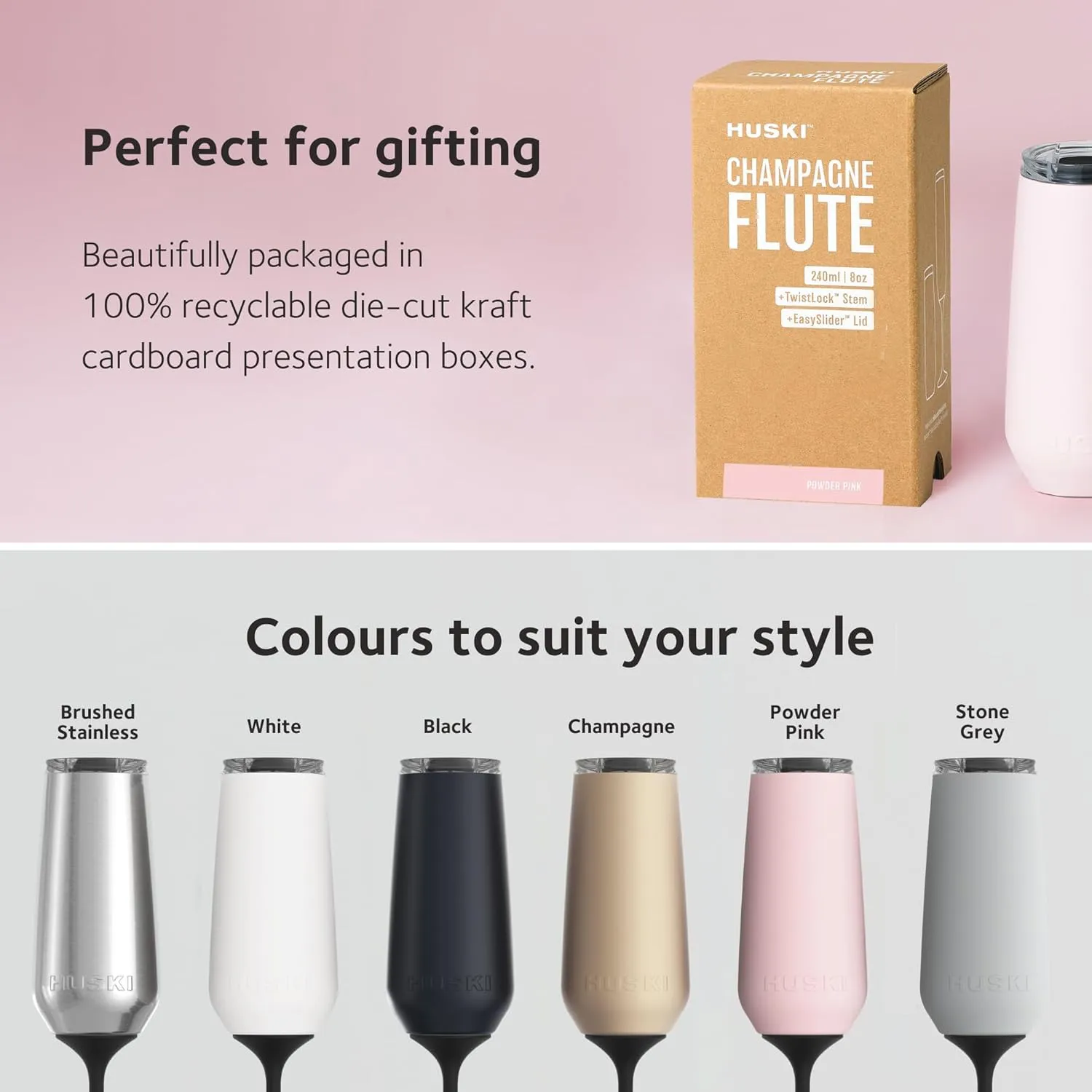 Huski Champagne Flute | NEW | Award-winning Design with Detachable Stem | Premium Stainless Steel Champagne Glass with Lid | Triple Insulated Tumbler | 8oz Capacity | Great Gift (Stone Grey)