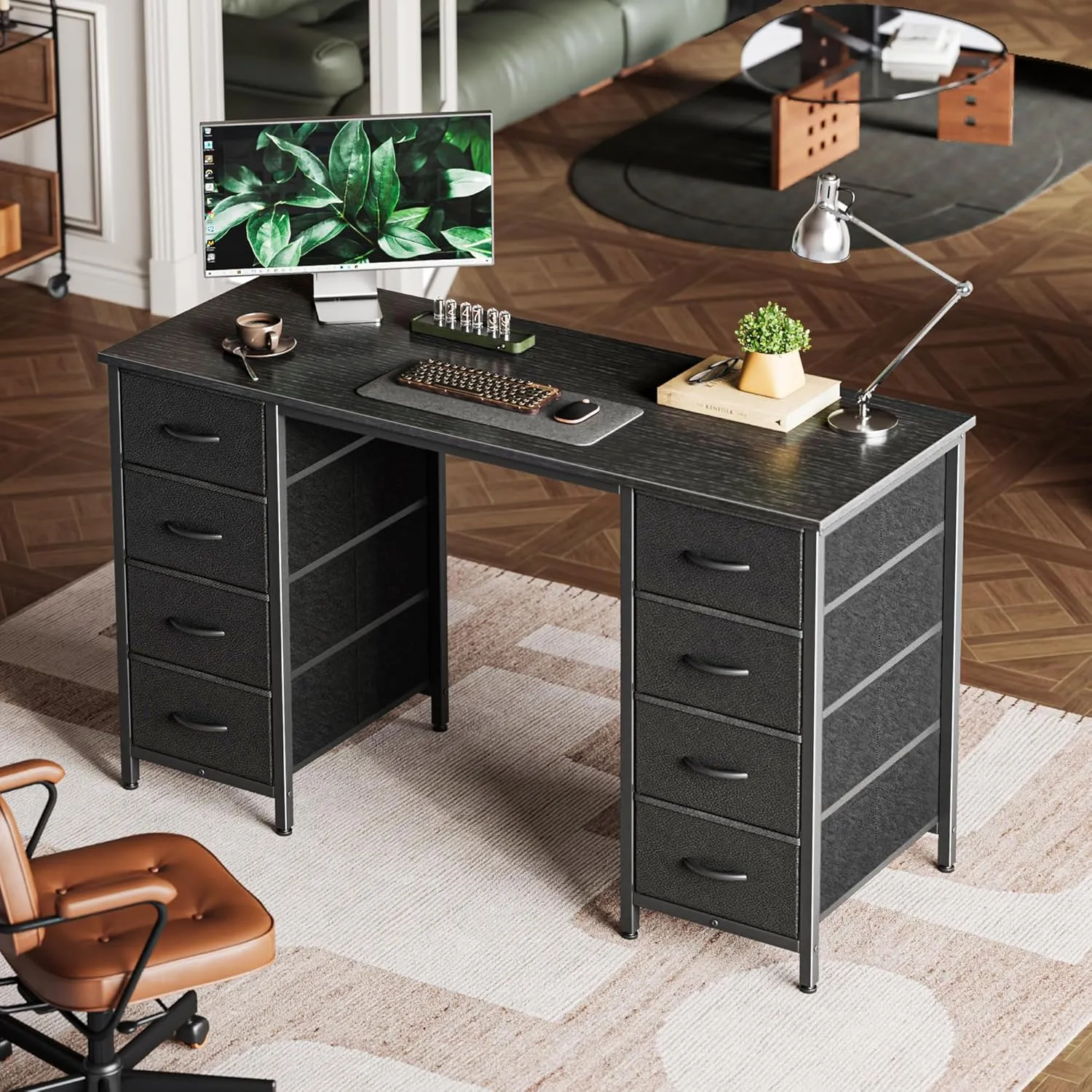 Huuger 47 Inch Computer Desk with 8 Fabric Drawers, Office Desk Work Desk for Home Office, Study, Gaming Desk with Drawers, Large Storage, Black
