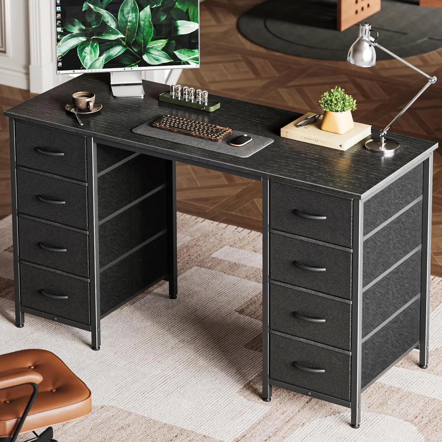 Huuger 47 Inch Computer Desk with 8 Fabric Drawers, Office Desk Work Desk for Home Office, Study, Gaming Desk with Drawers, Large Storage, Black