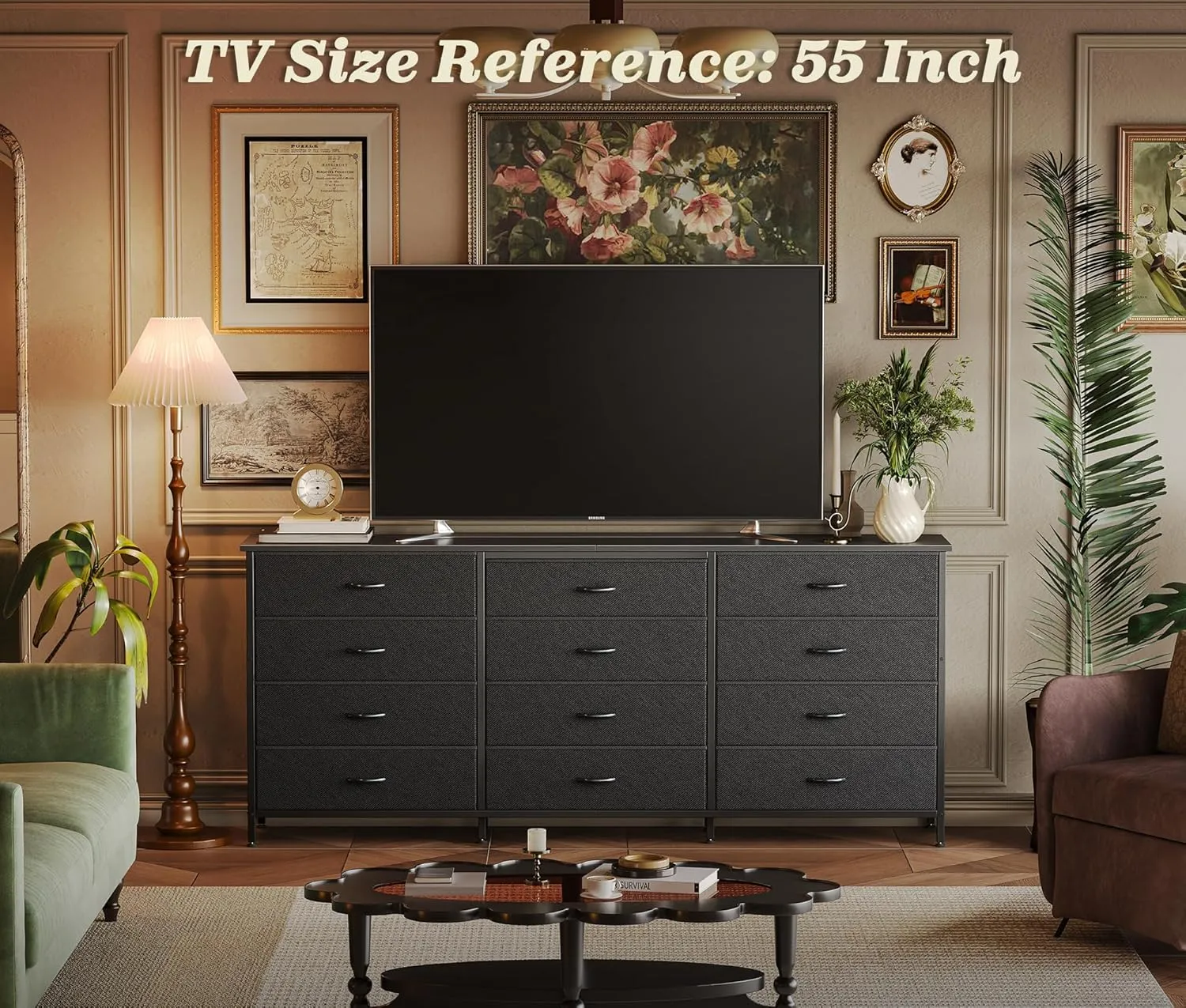 Huuger 63 Inch Long Dresser for Bedroom, TV Stand for 65, 70 Inch TV, 12 Drawer Dresser for Closet, Chest of Drawers, Large Fabric Drawers for Bedroom, Media Console with Storage, Black