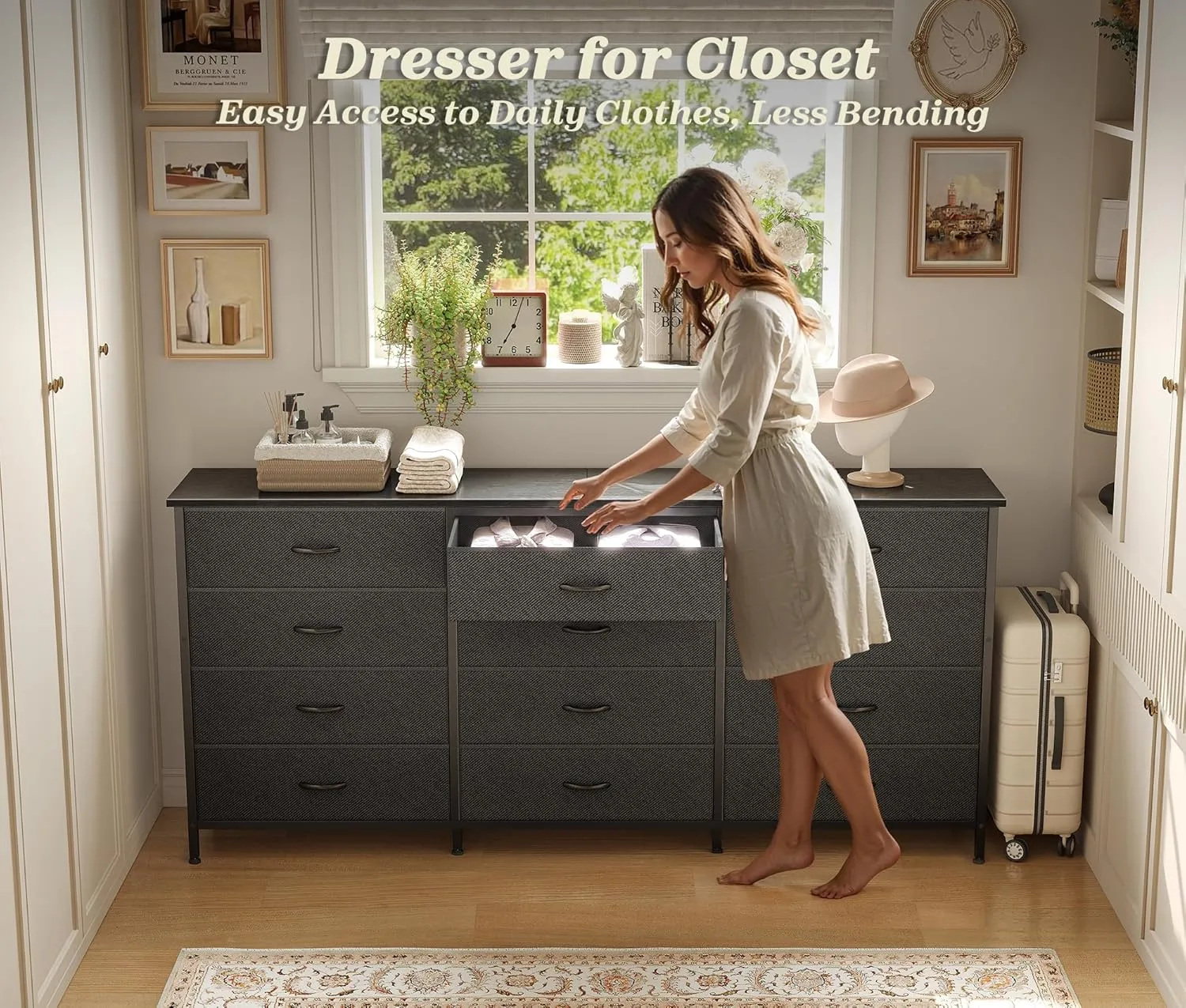 Huuger 63 Inch Long Dresser for Bedroom, TV Stand for 65, 70 Inch TV, 12 Drawer Dresser for Closet, Chest of Drawers, Large Fabric Drawers for Bedroom, Media Console with Storage, Black
