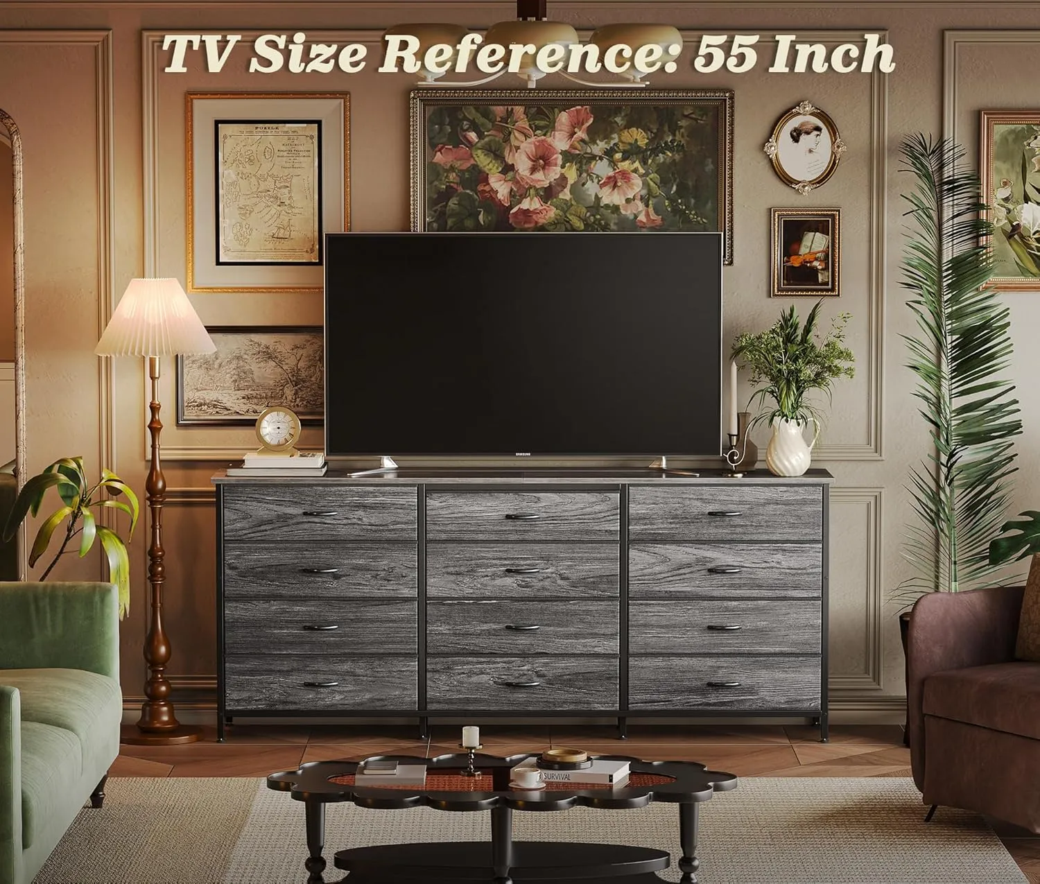 Huuger 63 Inch Long Dresser for Bedroom, TV Stand for 65, 70 Inch TV, 12 Drawer Dresser for Closet, Large Fabric Drawers for Bedroom, Media Console with Storage, Grey