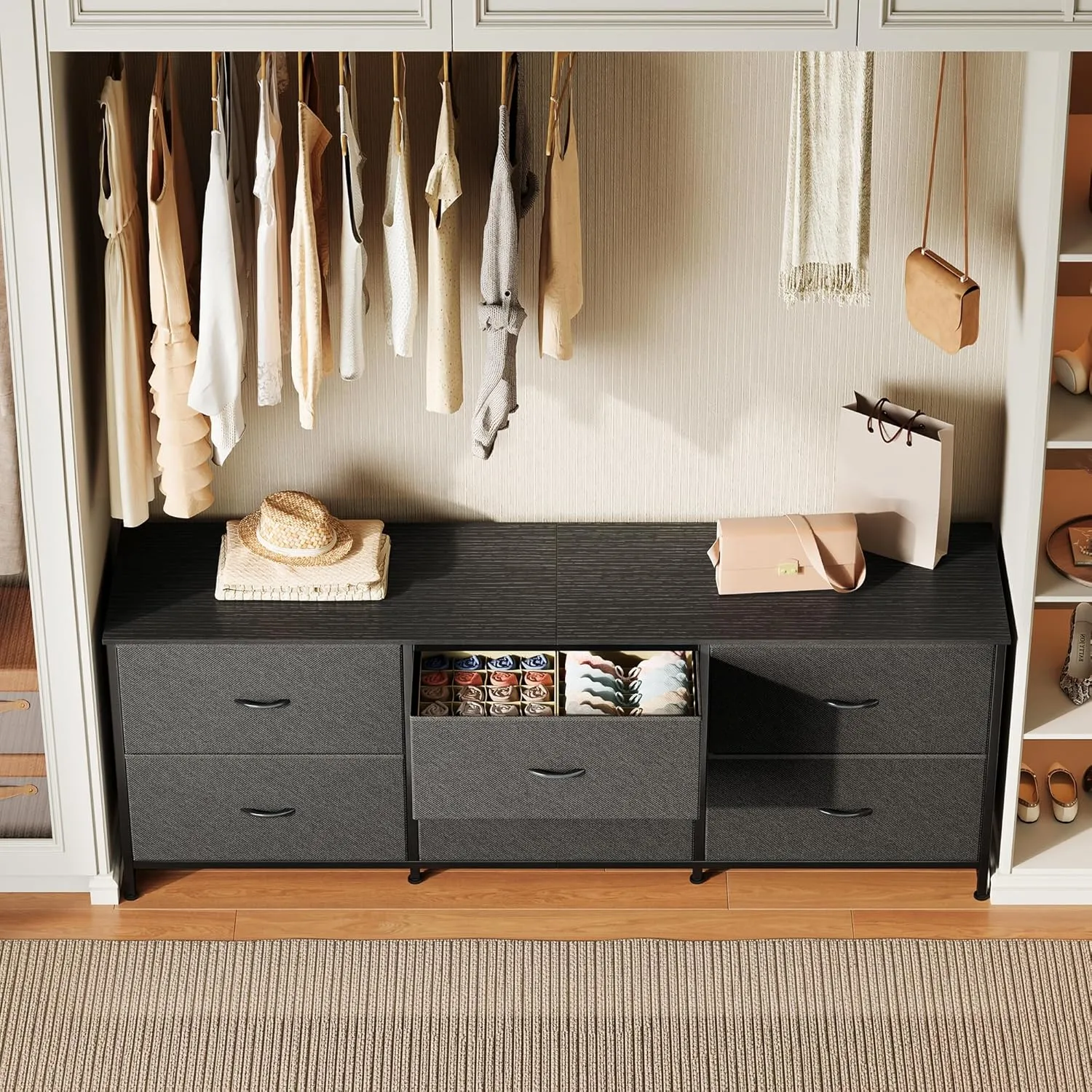 Huuger 63 Inch Long Dresser for Bedroom, Wide TV Stand for 55, 65, 70 Inch TV, 6 Drawer Dresser for Closet with Fabric Drawers, Storage Organizer for Bedroom, Entryway, Black