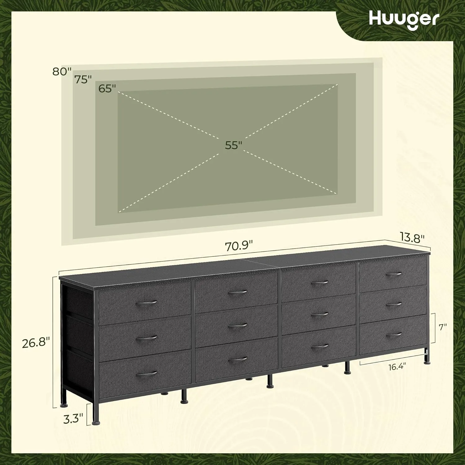 Huuger 70 Inch Black Dresser for Bedroom, TV Stand for 65, 75, 80 Inch TV, 12 Fabric Drawer Long Dresser, Wide Chest of Drawer, Storage Units for Living Room