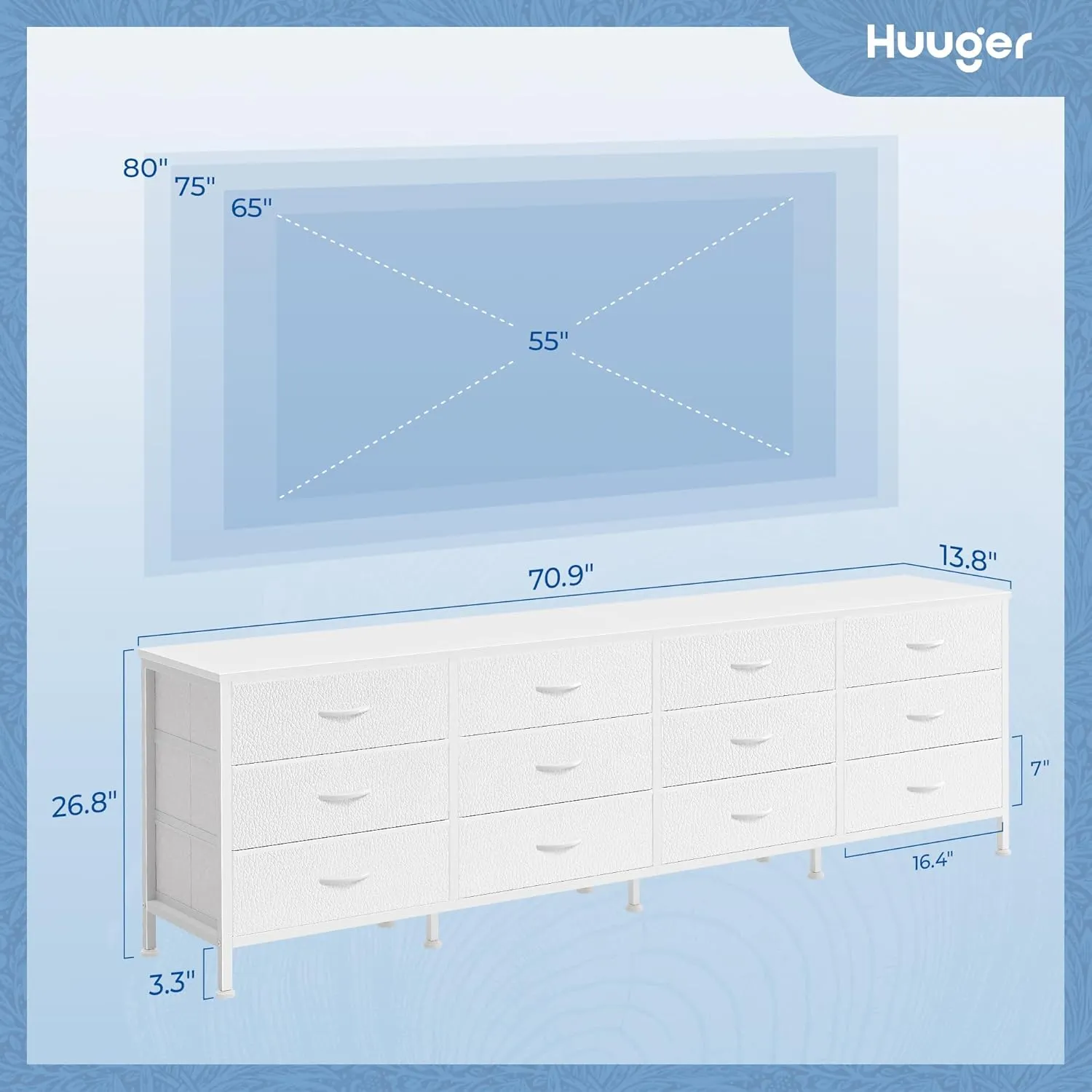 Huuger 70 Inch Dresser for Bedroom, TV Stand for 65, 75, 80 Inch TV, 12 Fabric Drawer Long Dresser, Large Storage Organizer Unit, Wide Chest of Drawer with Storage, for Living Room, White