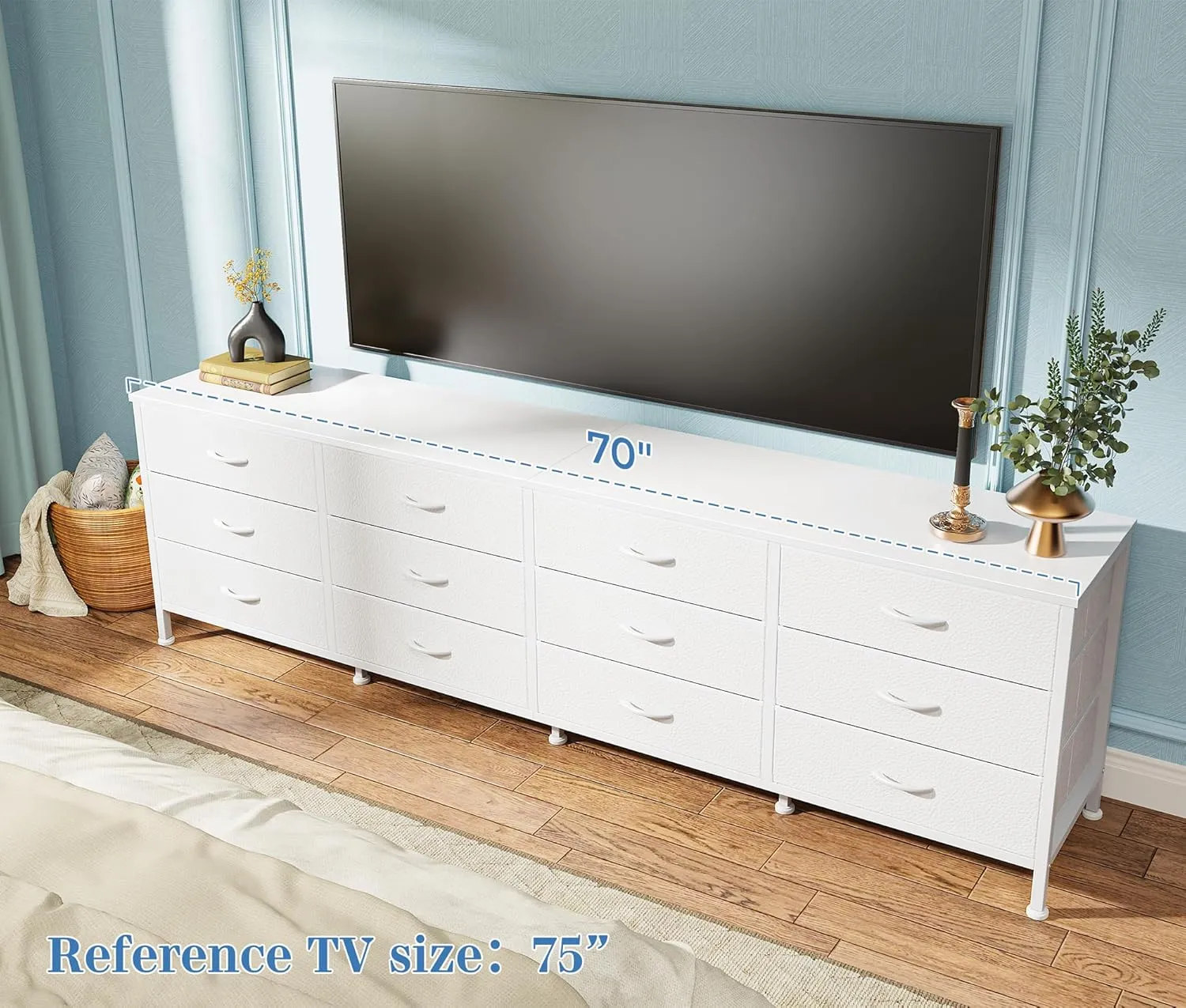 Huuger 70 Inch Dresser for Bedroom, TV Stand for 65, 75, 80 Inch TV, 12 Fabric Drawer Long Dresser, Large Storage Organizer Unit, Wide Chest of Drawer with Storage, for Living Room, White