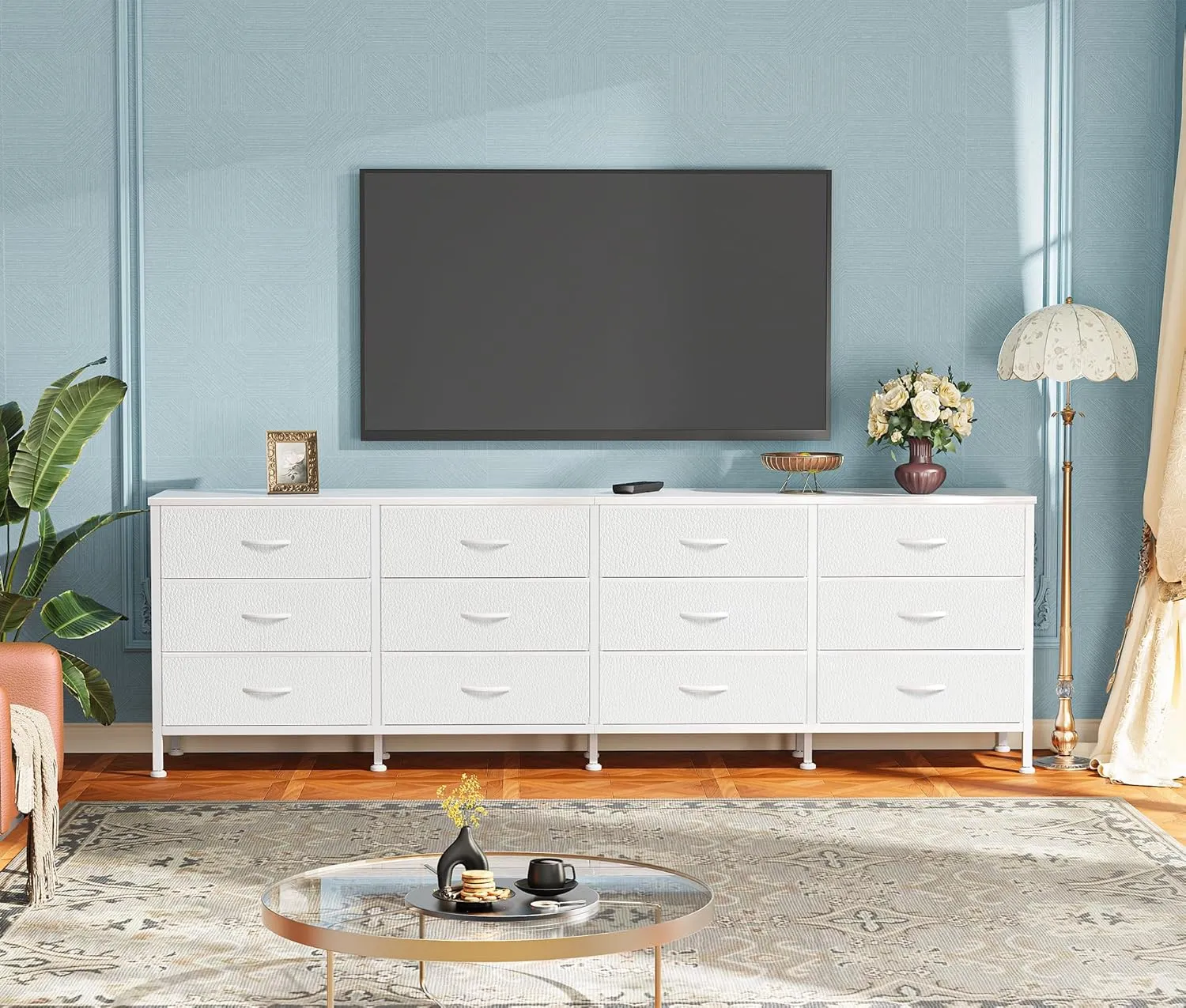 Huuger 70 Inch Dresser for Bedroom, TV Stand for 65, 75, 80 Inch TV, 12 Fabric Drawer Long Dresser, Large Storage Organizer Unit, Wide Chest of Drawer with Storage, for Living Room, White