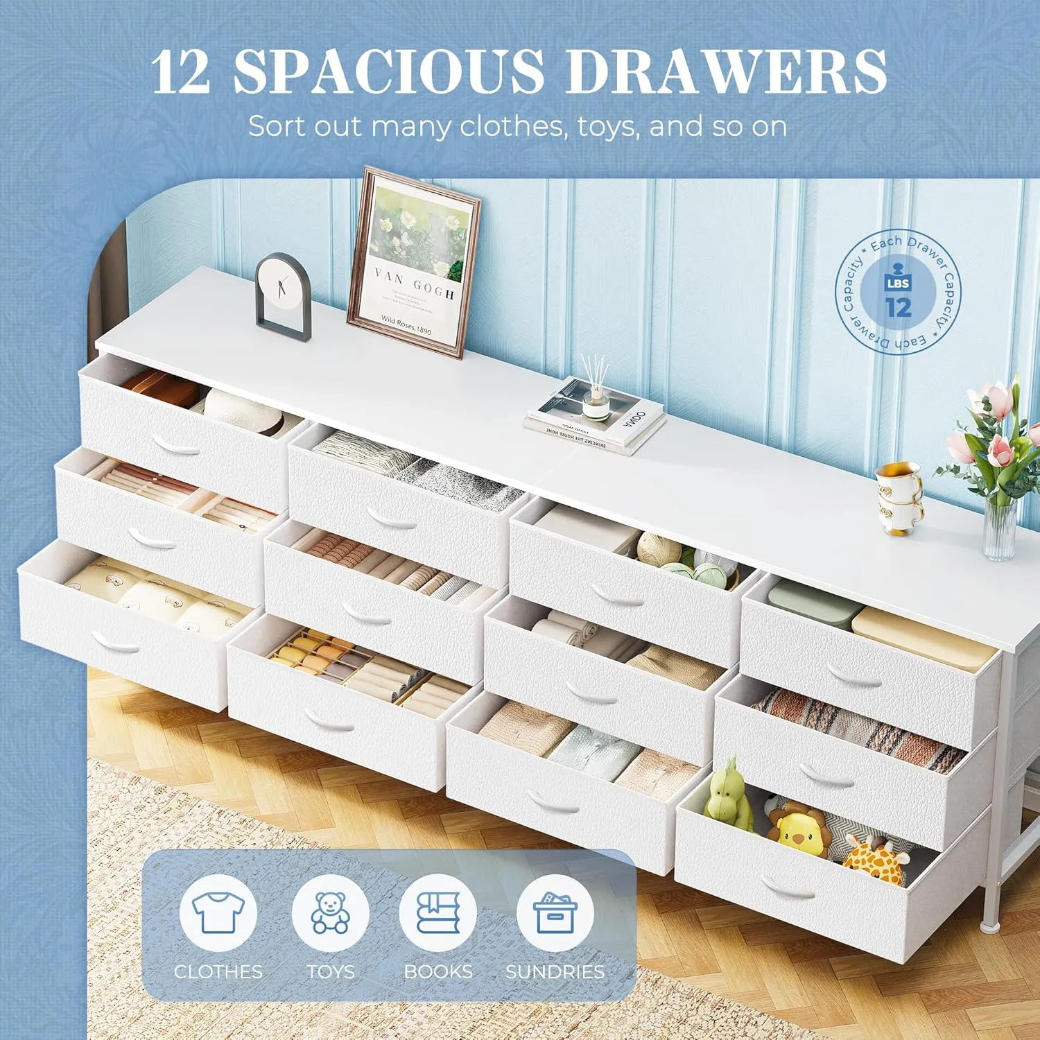 Huuger 70 Inch Dresser for Bedroom, TV Stand for 65, 75, 80 Inch TV, 12 Fabric Drawer Long Dresser, Large Storage Organizer Unit, Wide Chest of Drawer with Storage, for Living Room, White