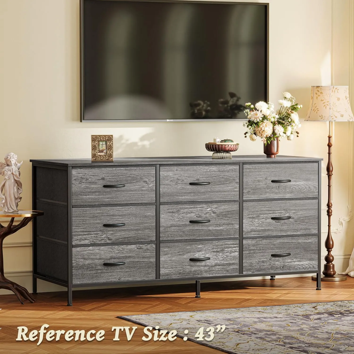 Huuger 9 Drawer Dresser, 47 Inch Dresser TV Stand for 50, 55 Inch TV, Entertainment Center with Drawers, Fabric Dresser Chest of Drawer for Bedroom, Closet, Grey