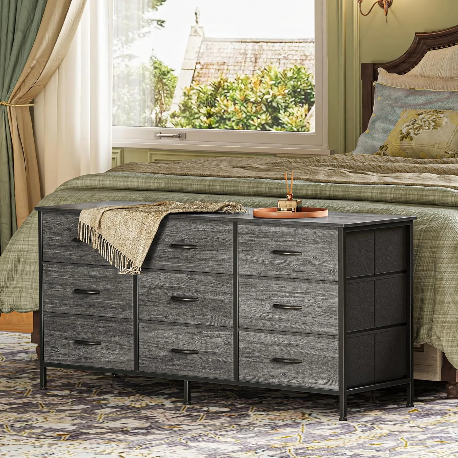 Huuger 9 Drawer Dresser, 47 Inch Dresser TV Stand for 50, 55 Inch TV, Entertainment Center with Drawers, Fabric Dresser Chest of Drawer for Bedroom, Closet, Grey