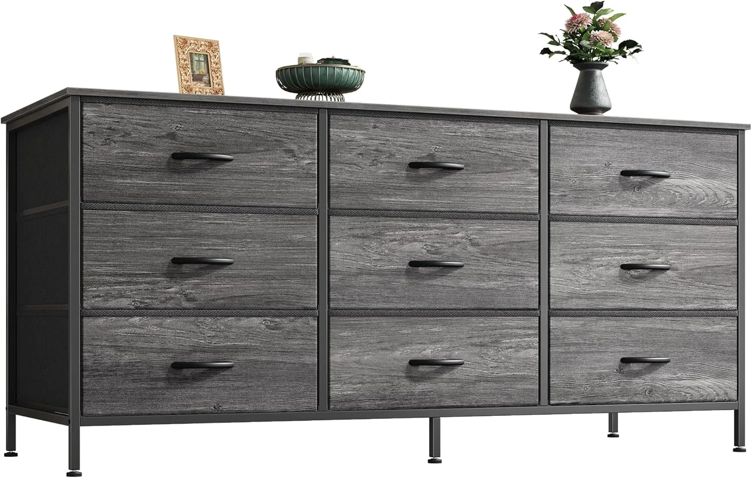 Huuger 9 Drawer Dresser, 47 Inch Dresser TV Stand for 50, 55 Inch TV, Entertainment Center with Drawers, Fabric Dresser Chest of Drawer for Bedroom, Closet, Grey