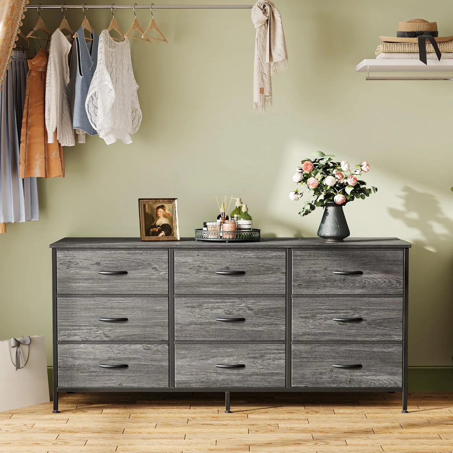 Huuger 9 Drawer Dresser, 47 Inch Dresser TV Stand for 50, 55 Inch TV, Entertainment Center with Drawers, Fabric Dresser Chest of Drawer for Bedroom, Closet, Grey