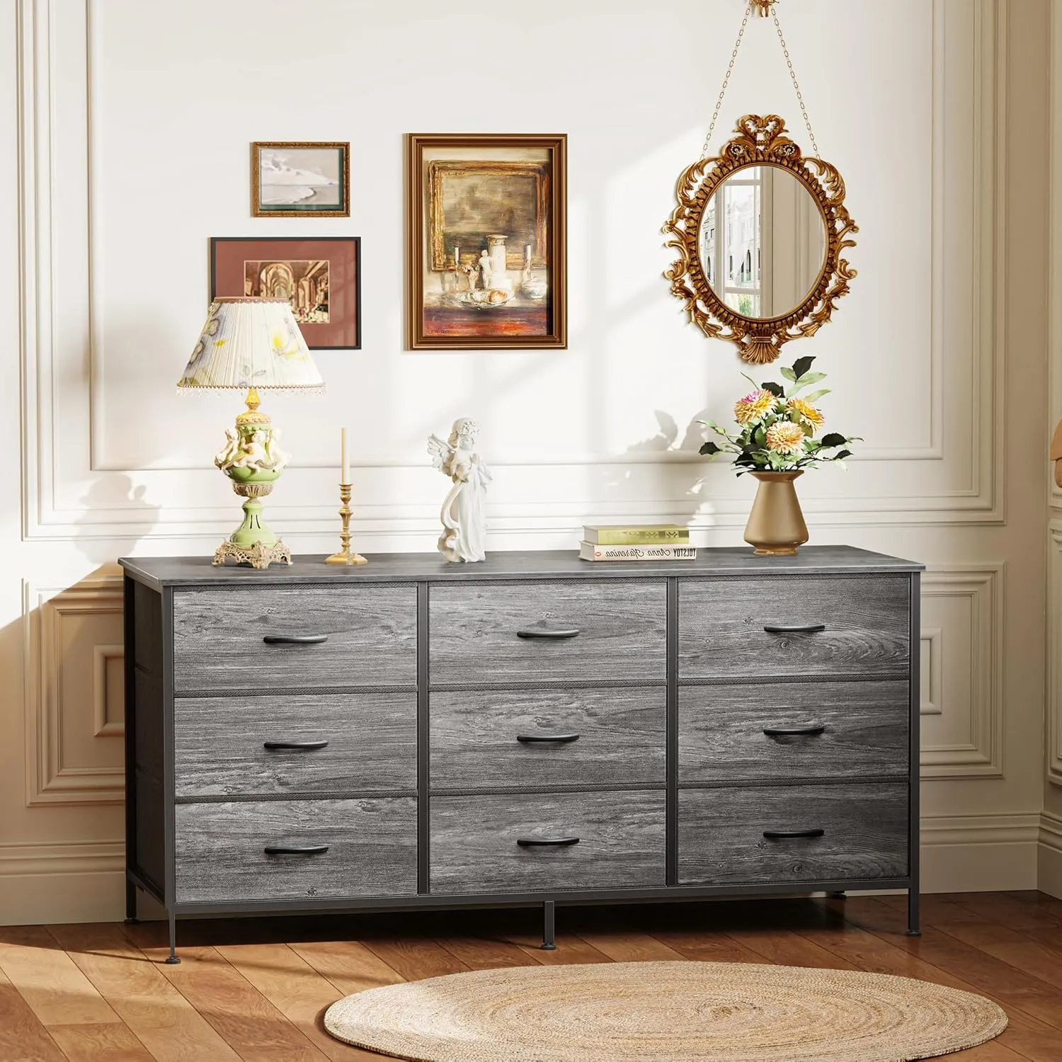 Huuger 9 Drawer Dresser, 47 Inch Dresser TV Stand for 50, 55 Inch TV, Entertainment Center with Drawers, Fabric Dresser Chest of Drawer for Bedroom, Closet, Grey