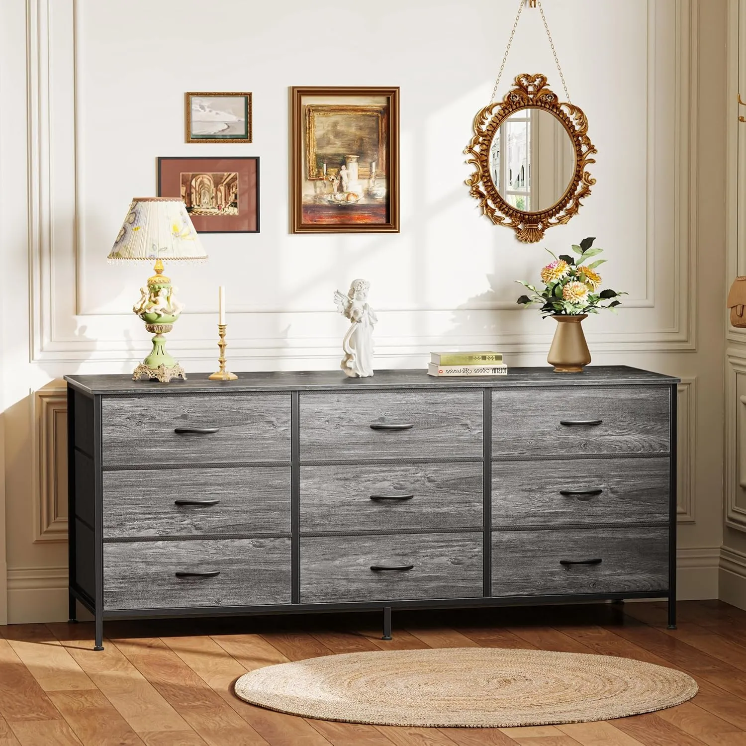 Huuger Long Dresser for Bedroom, 55 Inch TV Stand for 55, 60 Inch TV, Entertainment Center with Drawers, Large Storage Fabric 9 Drawer Dresser, Closet, Grey