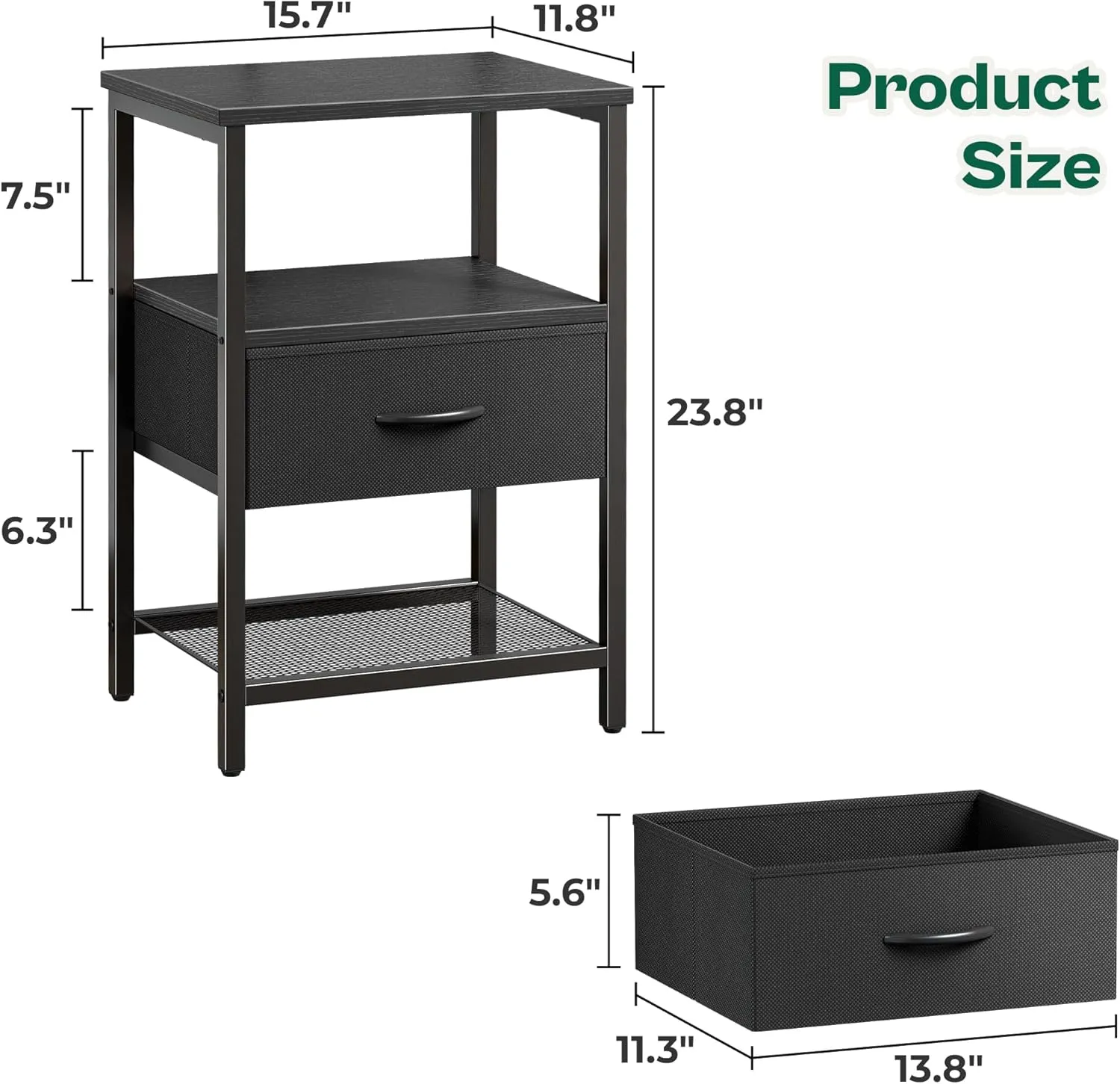 Huuger Night Stand with Fabric Drawer, Side Table with Mesh Shelf, Bedroom Nightstand, Fabric Drawer Dresser, Open Shelf, Metal Frame, Couch Side, Black