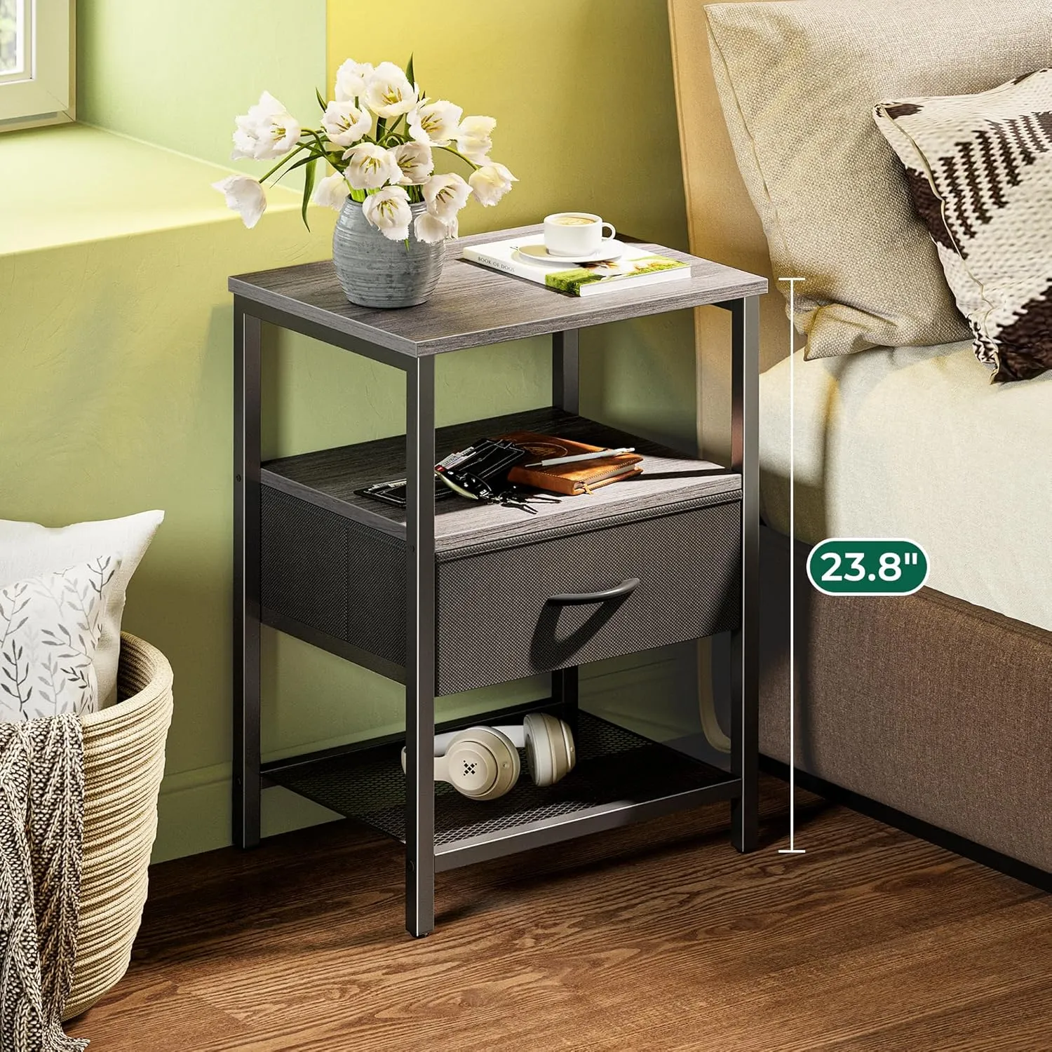 Huuger Night Stand with Fabric Drawer, Side Table with Mesh Shelf, Bedroom Nightstand, Fabric Drawer Dresser, Open Shelf, Metal Frame, Couch Side, Charcoal Gray