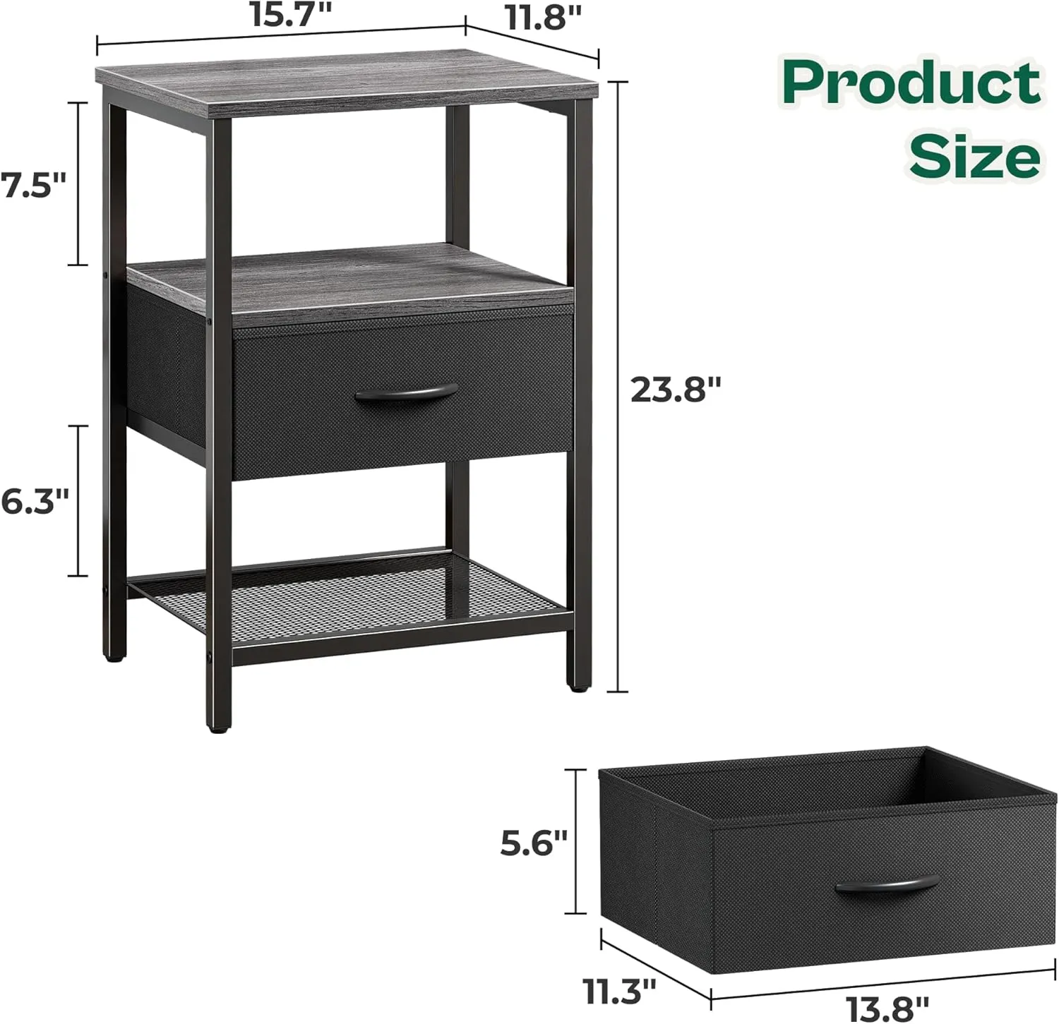Huuger Night Stand with Fabric Drawer, Side Table with Mesh Shelf, Bedroom Nightstand, Fabric Drawer Dresser, Open Shelf, Metal Frame, Couch Side, Charcoal Gray